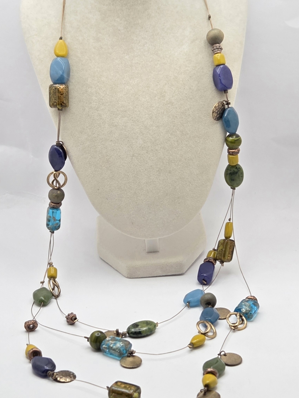 Chico's Long Beaded Station Necklace Multi Strand Foil Glass Brass Tone 32"